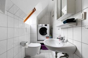 a bathroom with a toilet sink and a washing machine at Haus Sonneneck in Oesterdeichstrich +71 photos