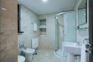 a bathroom with a toilet and a sink and a shower at Vila Turistică Fabian in Botoşani