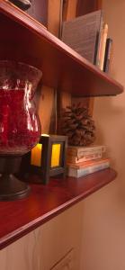 a red lamp sitting on a shelf with books at Roots & Rustle homestay in Kūfrī