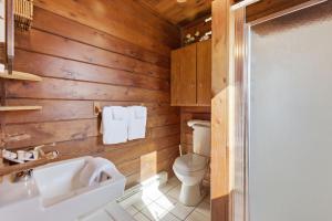 a bathroom with wooden walls and a toilet and a sink at Chalet #17 in Stevensville