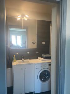 a bathroom with a washing machine and a sink at Homoki Wellness Üdülőház in Balatonakarattya +13 photos