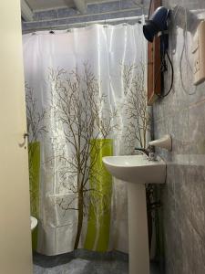 a bathroom with a shower curtain with a sink at paldisfrute in Colón