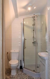 a bathroom with a shower and a toilet and a sink at Agroturystyka Rumcajsówka in Bałtów +20 photos