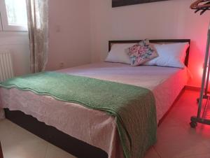 a bedroom with a bed with a green and pink blanket at Penelope apartment in Neoi Epivates