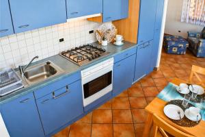 eine blaue Küche mit Spüle und Herd in der Unterkunft Case Bellissime in Tronzano Lago Maggiore + 6 Fotos