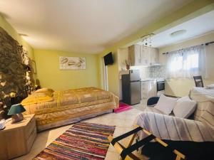 a bedroom with a bed and a couch and a kitchen at Fergani Apartments in Moúdhros