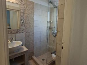 a bathroom with a shower and a sink and a toilet at Aegeon Pension in Aegiali