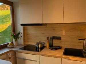 a kitchen with a sink and a counter top at Bergchalet mit Pool und Sauna, ganz nah am Bikepark Weitnau, direkt am Skilift in Missen-Wilhams