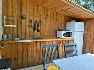 a kitchen with a counter with a refrigerator and a table at Le Mas d'Hermès in Plan-dʼOrgon