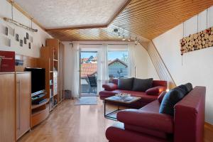a living room with a red couch and a tv at Ferienwohnung Brasil, 76 Qm in Schonach