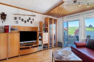 a living room with a couch and a television at Ferienwohnung Brasil, 76 Qm in Schonach