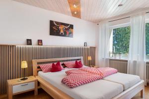 a bedroom with a bed with red and white pillows at Ferienwohnung Brasil, 76 Qm in Schonach