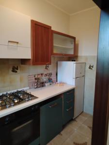 a kitchen with green cabinets and a white refrigerator at Benvenuti a casa in Certaldo