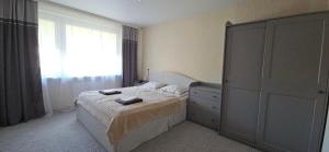 a bedroom with a bed and a dresser and a window at Dubysa Apartments in Raseiniai