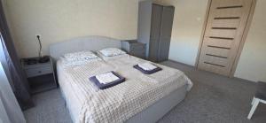 a bedroom with a bed with two dishes on it at Dubysa Apartments in Raseiniai