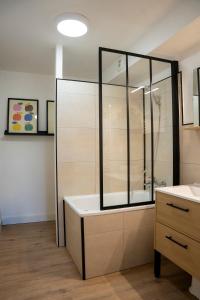 a bathroom with a shower and a sink at Studio Saint-Patrice - centre historique Bayeux in Bayeux