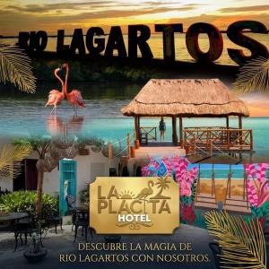 a poster for a hotel with flamingos on the beach at La placita hotel in Río Lagartos