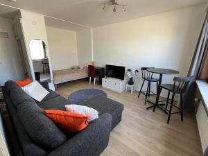 a living room with a couch and a table at Cozy studio with a good location in Lappeenranta