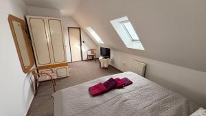 a bedroom with a bed with two red pillows on it at Motel Dareon in Náchod