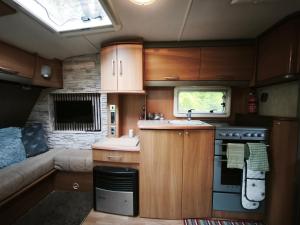 a small kitchen with a sink and a couch in an rv at Cara Cabin Self Catering Tiny Home in Wexford
