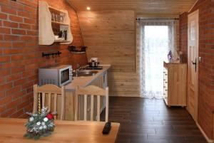 a kitchen with a sink and a counter with a microwave at Agroturystyka Rumcajsówka in Bałtów