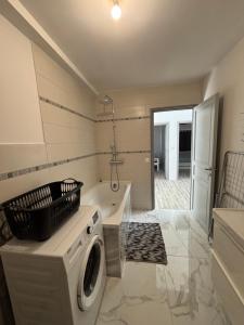 a bathroom with a washing machine and a sink at Le 21 Comfortable townhouse in Morhange
