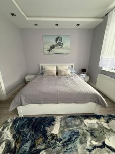 a bedroom with a large bed in a white room at Modern Apart in Wałbrzych