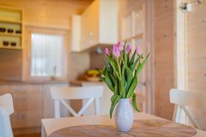 a vase with pink flowers sitting on a table at Domki Między Wodami in Kołczewo +19 photos