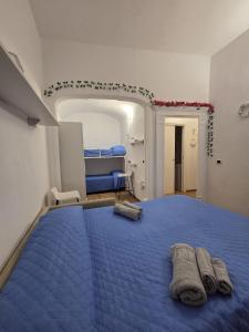 a bedroom with a blue bed with two towels on it at Mare Fuori Apartment in Tropea