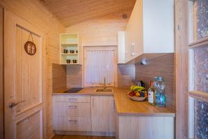 a kitchen with wooden cabinets and a counter with a sink at Domki Między Wodami in Kołczewo