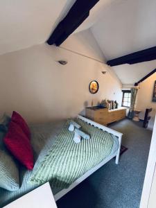 a bedroom with a green bed with red pillows at Agniti Cottage in Derby