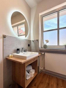 a bathroom with a sink and a mirror at feinzeit am Windfelder See - Ruhe & Natur nahe Bamberg in Stegaurach +68 photos