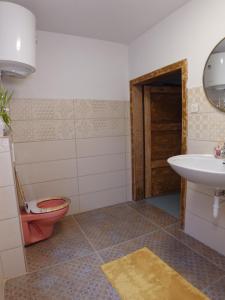 a bathroom with a toilet and a sink at Blaues Häuschen in Gössendorf