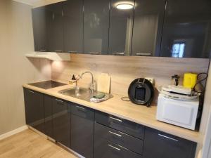 a kitchen counter with a sink and a microwave at Gate 1 apartment in Måløy