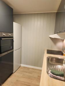 a kitchen with a sink and a refrigerator at Gate 1 apartment in Måløy +19 photos