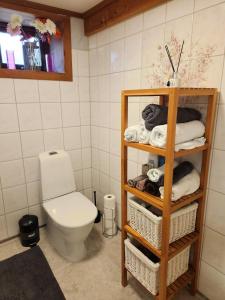 a bathroom with a toilet and a shelf with towels at Gate 1 apartment in Måløy