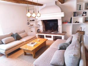 a living room with two couches and a fireplace at Clair de Provence in Entrevennes
