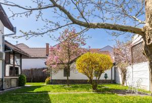 a house with flowering trees in the yard at Tudor Central House Sibiu - Garden, Parking, Quiet Area in Sibiu +23 photos