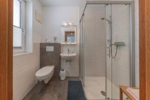 a bathroom with a shower and a toilet and a sink at Haus am Bach in Fulpmes +11 photos