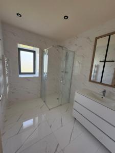 a white bathroom with a shower and a sink at gite 8 pers avec SPA MARBOZ in Marboz