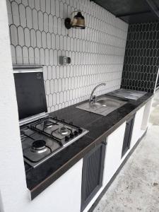 a kitchen with a stove and a sink at Casa Dorului in Mangalia