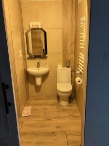 a small bathroom with a toilet and a sink at Don Kichot in Grajewo