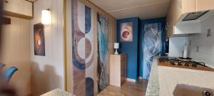a kitchen with a wall with paintings on it at Mobile home style maisonnette de vacance in Méjannes-le-Clap