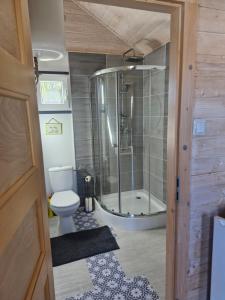 a bathroom with a shower and a toilet at Chatki przy Marinie in Wapnica +56 photos