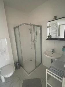 a bathroom with a shower and a toilet and a sink at Am Goethe Bogen in Zeuthen +20 photos