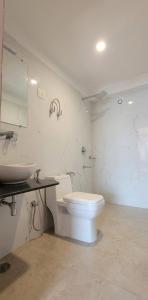 a white bathroom with a toilet and a sink at Casa Nova in Manāli