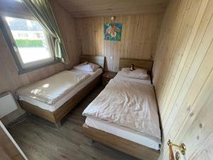 two beds in a wooden room with a window at Seeschwalbe 240 in Mirow