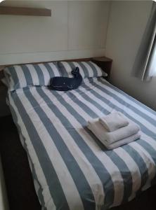 a bed with towels and a cat laying on it at Manderley Caravan in Newquay Bay Resort