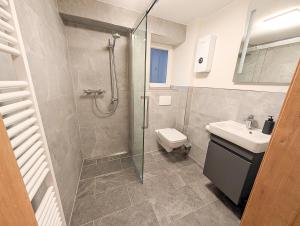a bathroom with a shower and a toilet and a sink at Ferienwohnung MoselVino in Lieser