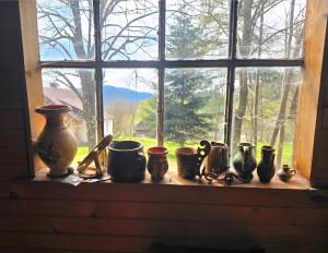 a row of vases sitting on a window sill at Chata leśna u Górala in Stróża +3 photos
